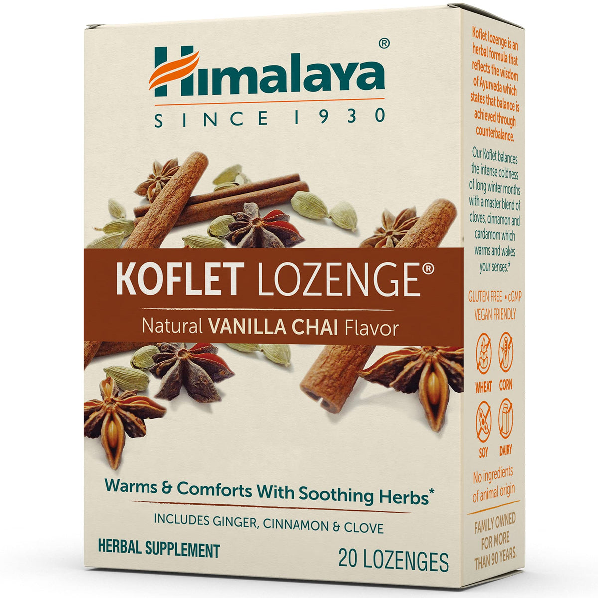Himalaya Koflet Lozenges, Vanilla Chai Flavor, Natural Herbal Cough Drop for Warming Relief and Soothing Comfort, 130 mg, 20 Lozenge - dailyvitalstore