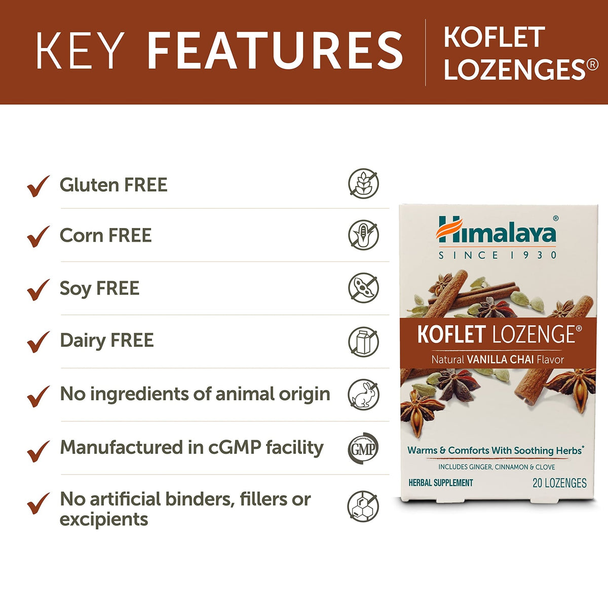 Himalaya Koflet Lozenges, Vanilla Chai Flavor, Natural Herbal Cough Drop for Warming Relief and Soothing Comfort, 130 mg, 20 Lozenge - dailyvitalstore