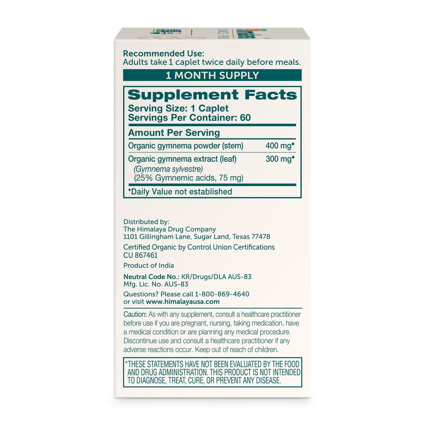 Himalaya Organic Gymnema Sylvestre – Herbal Glucose Metabolism Support - USDA Organic, Non-GMO, Vegan, Gluten Free, Additive Free, 700 mg, 60 Caplets - dailyvitalstore