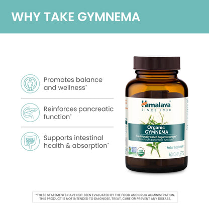 Himalaya Organic Gymnema Sylvestre – Herbal Glucose Metabolism Support - USDA Organic, Non-GMO, Vegan, Gluten Free, Additive Free, 700 mg, 60 Caplets - dailyvitalstore
