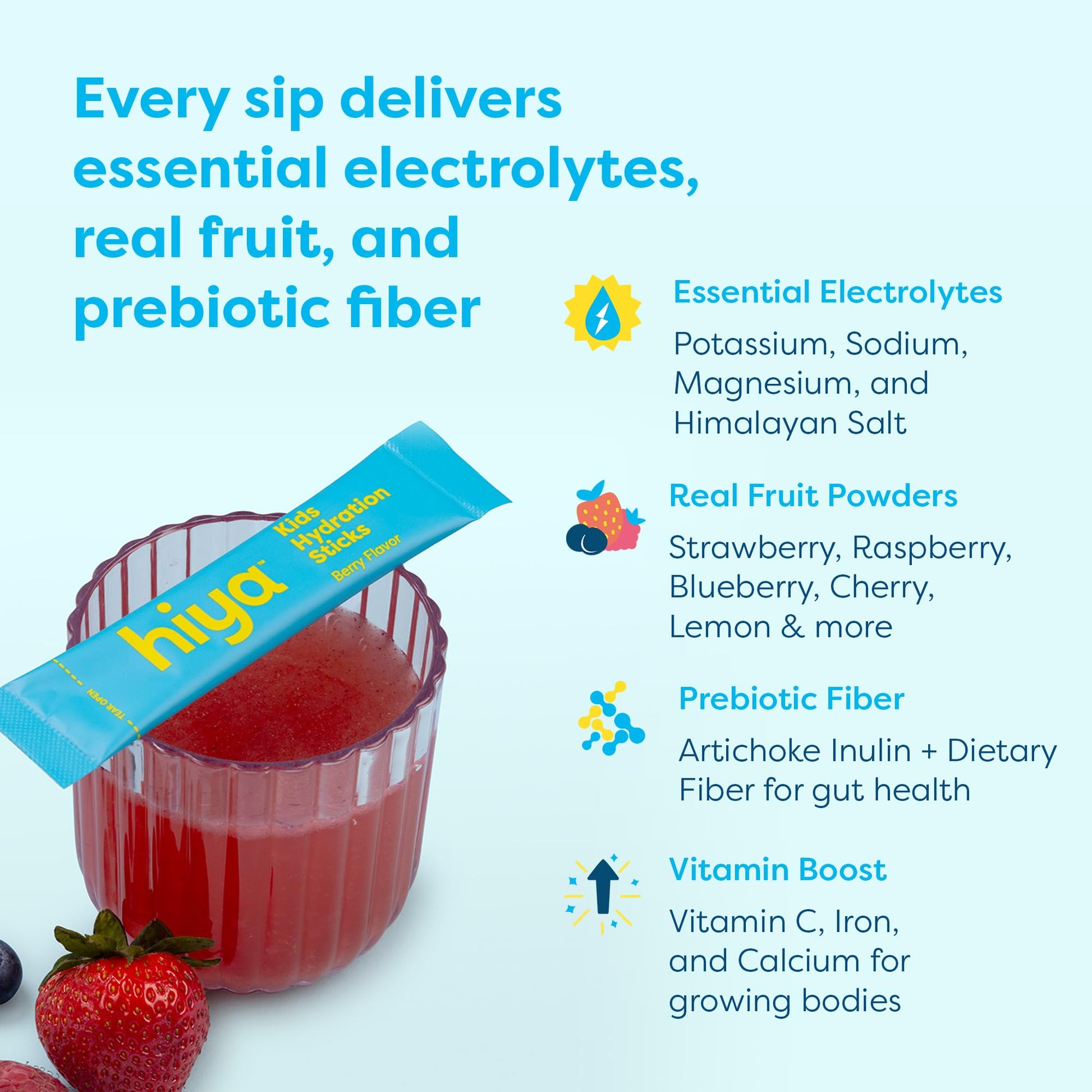 Hiya Kids Hydration with Electrolytes - Zero Added Sugar Berry Flavored Kids Hydration Packets - 15 Sticks - Travel-Friendly Drink Mix for Children Ages 2+ - dailyvitalstore