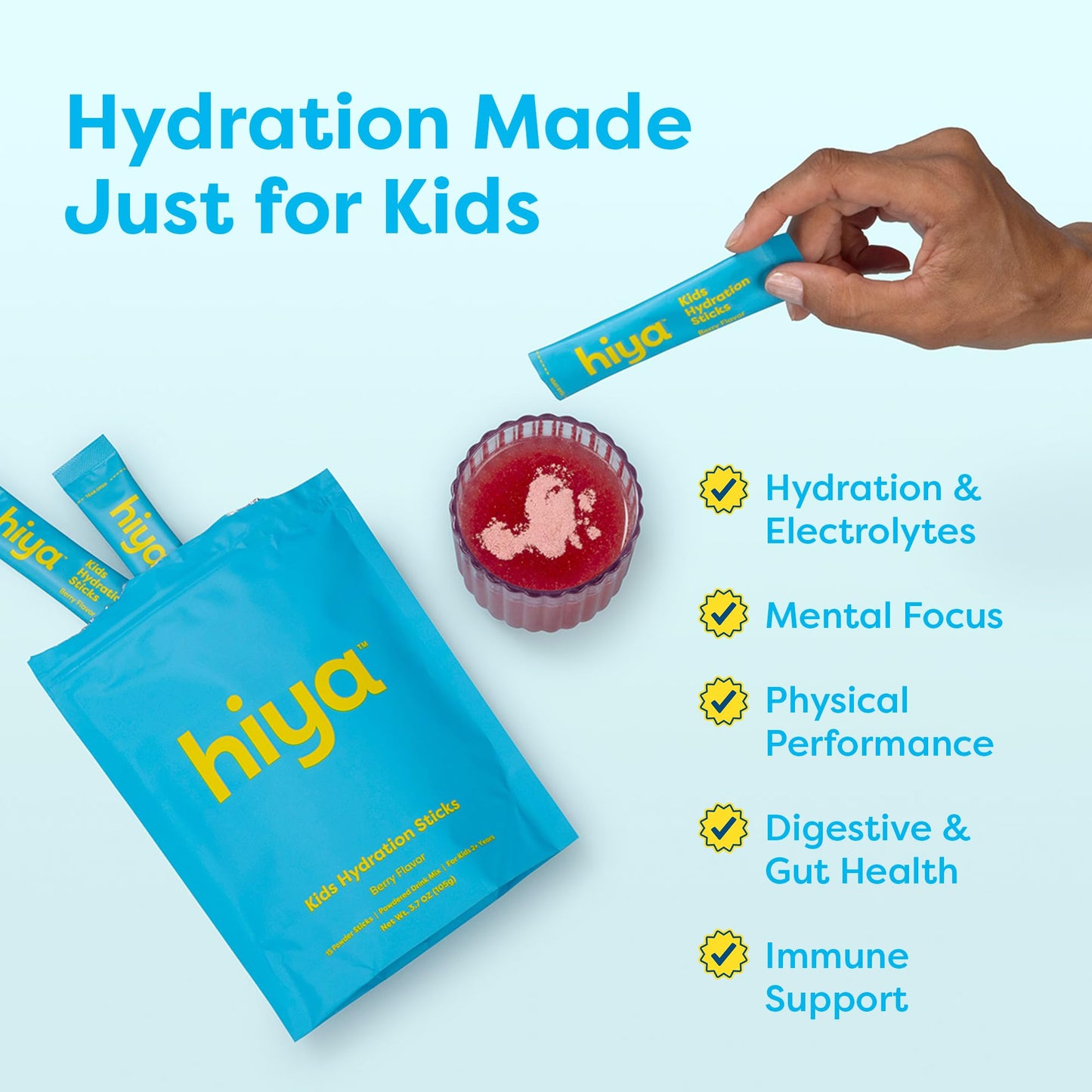 Hiya Kids Hydration with Electrolytes - Zero Added Sugar Berry Flavored Kids Hydration Packets - 15 Sticks - Travel-Friendly Drink Mix for Children Ages 2+ - dailyvitalstore