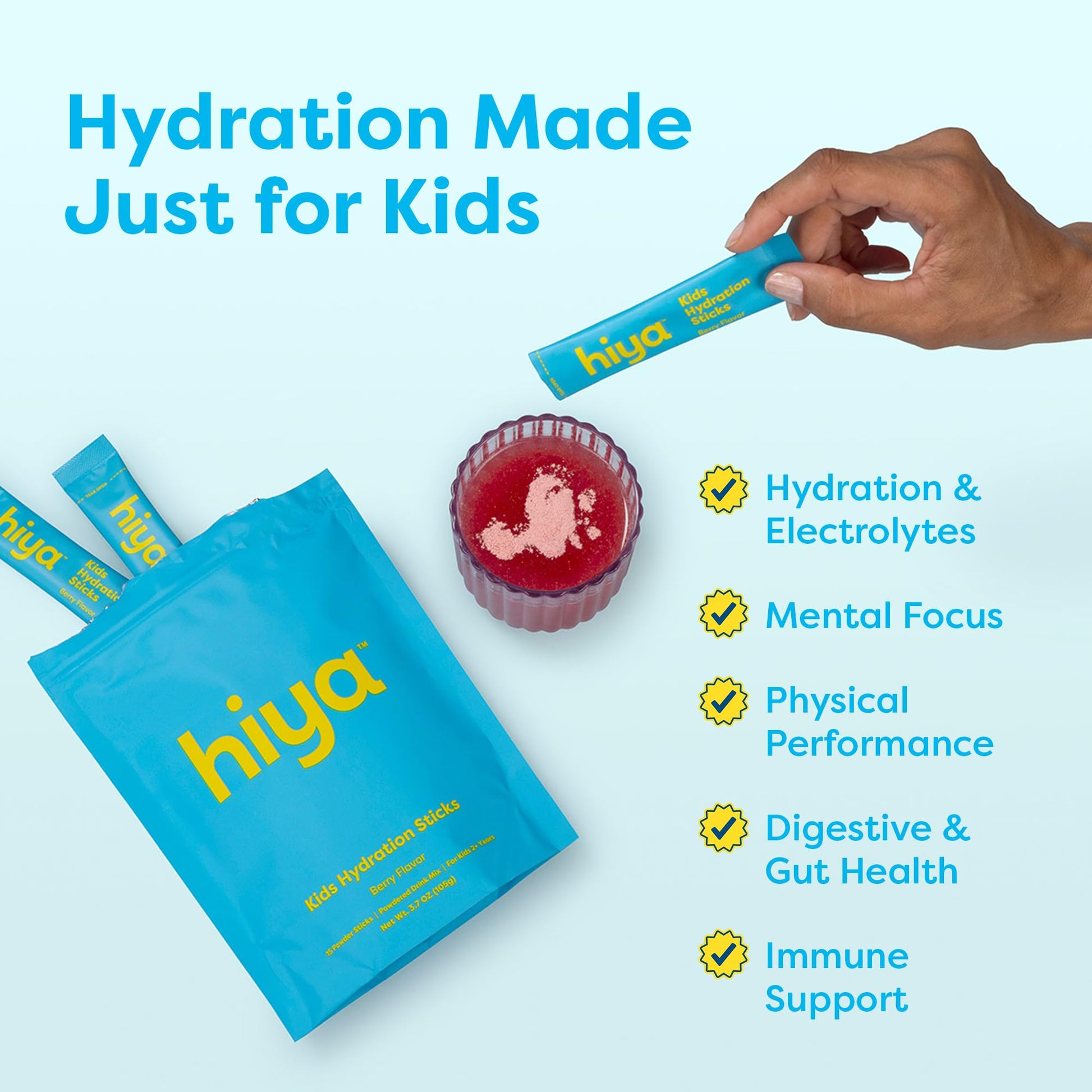 Hiya Kids Hydration with Electrolytes - Zero Added Sugar Berry Flavored Kids Hydration Packets - 15 Sticks - Travel-Friendly Drink Mix for Children Ages 2+ - dailyvitalstore