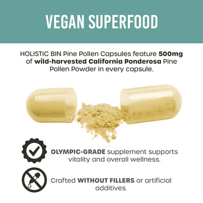 Holistic Bin Pine Pollen Capsules 500mg (Pinus Ponderosa) - Wild Harvested California Ponderosa Pine Pollen Powder - Olympic Grade - Organic, Non-GMO, No Fillers - 30 Day Supply (40 Capsules) - dailyvitalstore
