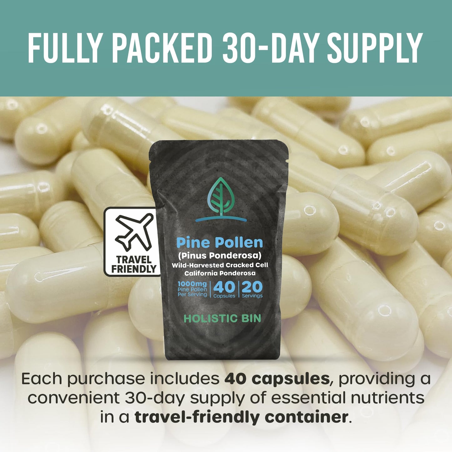 Holistic Bin Pine Pollen Capsules 500mg (Pinus Ponderosa) - Wild Harvested California Ponderosa Pine Pollen Powder - Olympic Grade - Organic, Non-GMO, No Fillers - 30 Day Supply (40 Capsules) - dailyvitalstore