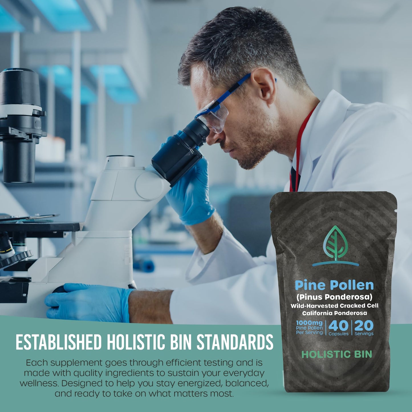 Holistic Bin Pine Pollen Capsules 500mg (Pinus Ponderosa) - Wild Harvested California Ponderosa Pine Pollen Powder - Olympic Grade - Organic, Non-GMO, No Fillers - 30 Day Supply (40 Capsules) - dailyvitalstore