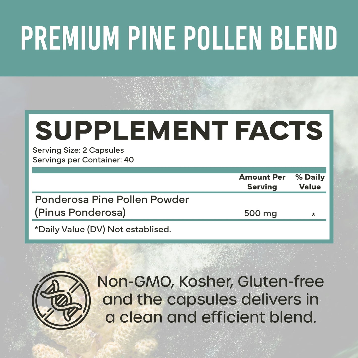 Holistic Bin Pine Pollen Capsules 500mg (Pinus Ponderosa) - Wild Harvested California Ponderosa Pine Pollen Powder - Olympic Grade - Organic, Non-GMO, No Fillers - 30 Day Supply (40 Capsules) - dailyvitalstore