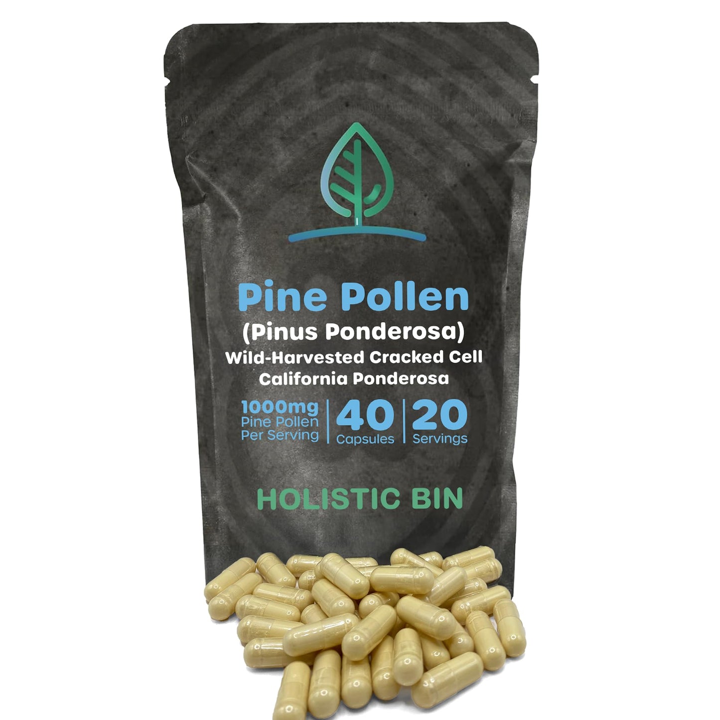 Holistic Bin Pine Pollen Capsules 500mg (Pinus Ponderosa) - Wild Harvested California Ponderosa Pine Pollen Powder - Olympic Grade - Organic, Non-GMO, No Fillers - 30 Day Supply (40 Capsules) - dailyvitalstore