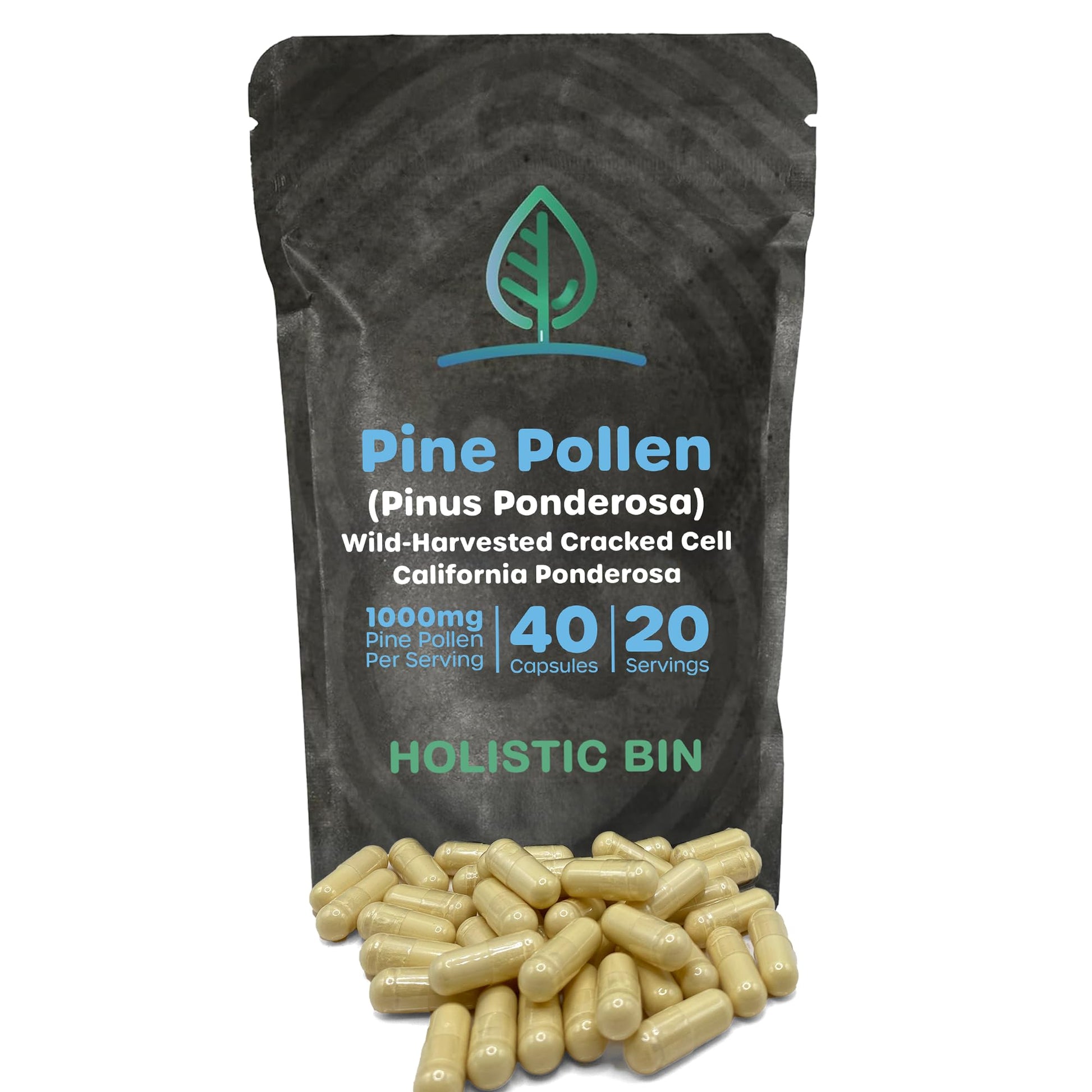 Holistic Bin Pine Pollen Capsules 500mg (Pinus Ponderosa) - Wild Harvested California Ponderosa Pine Pollen Powder - Olympic Grade - Organic, Non-GMO, No Fillers - 30 Day Supply (40 Capsules) - dailyvitalstore
