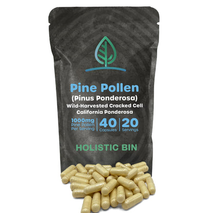 Holistic Bin Pine Pollen Capsules 500mg (Pinus Ponderosa) - Wild Harvested California Ponderosa Pine Pollen Powder - Olympic Grade - Organic, Non-GMO, No Fillers - 30 Day Supply (40 Capsules) - dailyvitalstore
