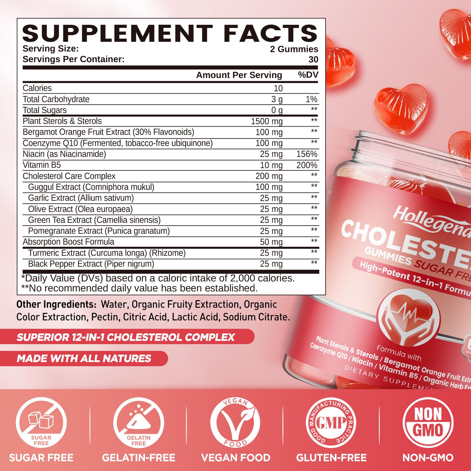 HOLLEGEND Cholesterol Gummies Sugar-Free,12-in-1 Cholesterol Supplements with Plant Sterols,Citrus Bergamot,CoQ10 and Vitamins for Cholesterol Health, Vegan, Mixed Berry Flavor, 60 Counts - dailyvitalstore