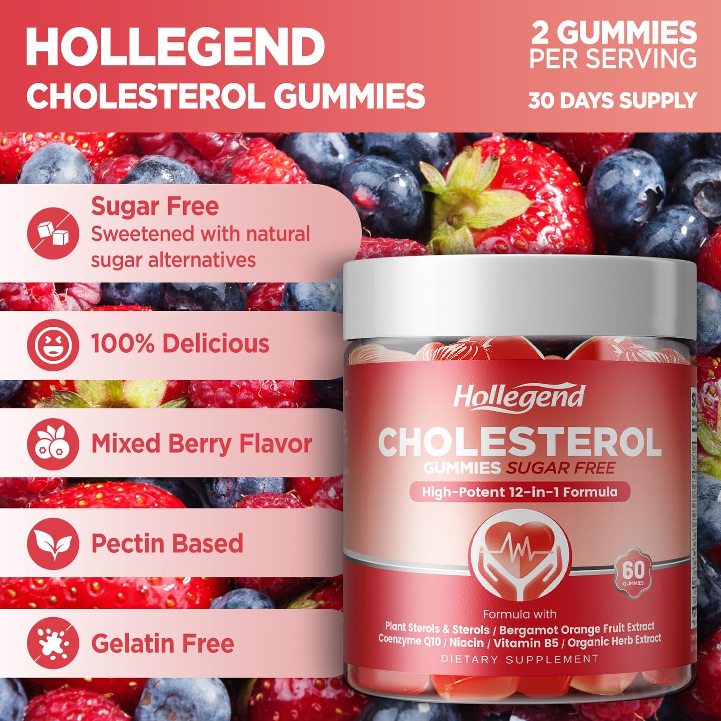 HOLLEGEND Cholesterol Gummies Sugar-Free,12-in-1 Cholesterol Supplements with Plant Sterols,Citrus Bergamot,CoQ10 and Vitamins for Cholesterol Health, Vegan, Mixed Berry Flavor, 60 Counts - dailyvitalstore