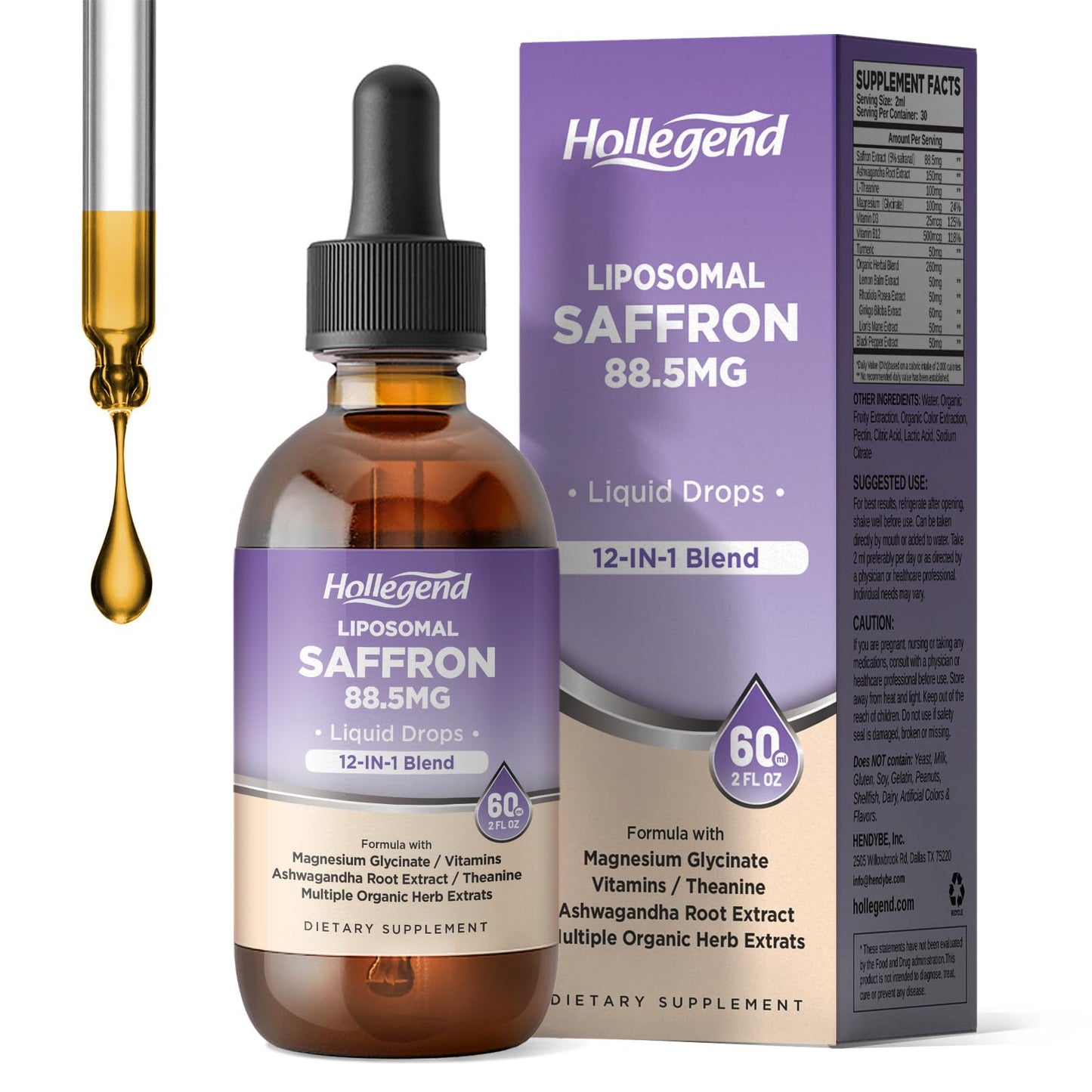 HOLLEGEND Liposomal Saffron Drops for Kids & Adults, Organic Saffron Supplement w/Magnesium, L-Theanine and Vitamins for Stress, Focus, Vision and Energy Support, Vegan, Natural Lemon Flavor, 2 FL OZ - dailyvitalstore