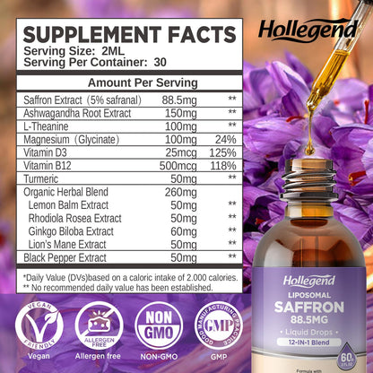 HOLLEGEND Liposomal Saffron Drops for Kids & Adults, Organic Saffron Supplement w/Magnesium, L-Theanine and Vitamins for Stress, Focus, Vision and Energy Support, Vegan, Natural Lemon Flavor, 2 FL OZ - dailyvitalstore