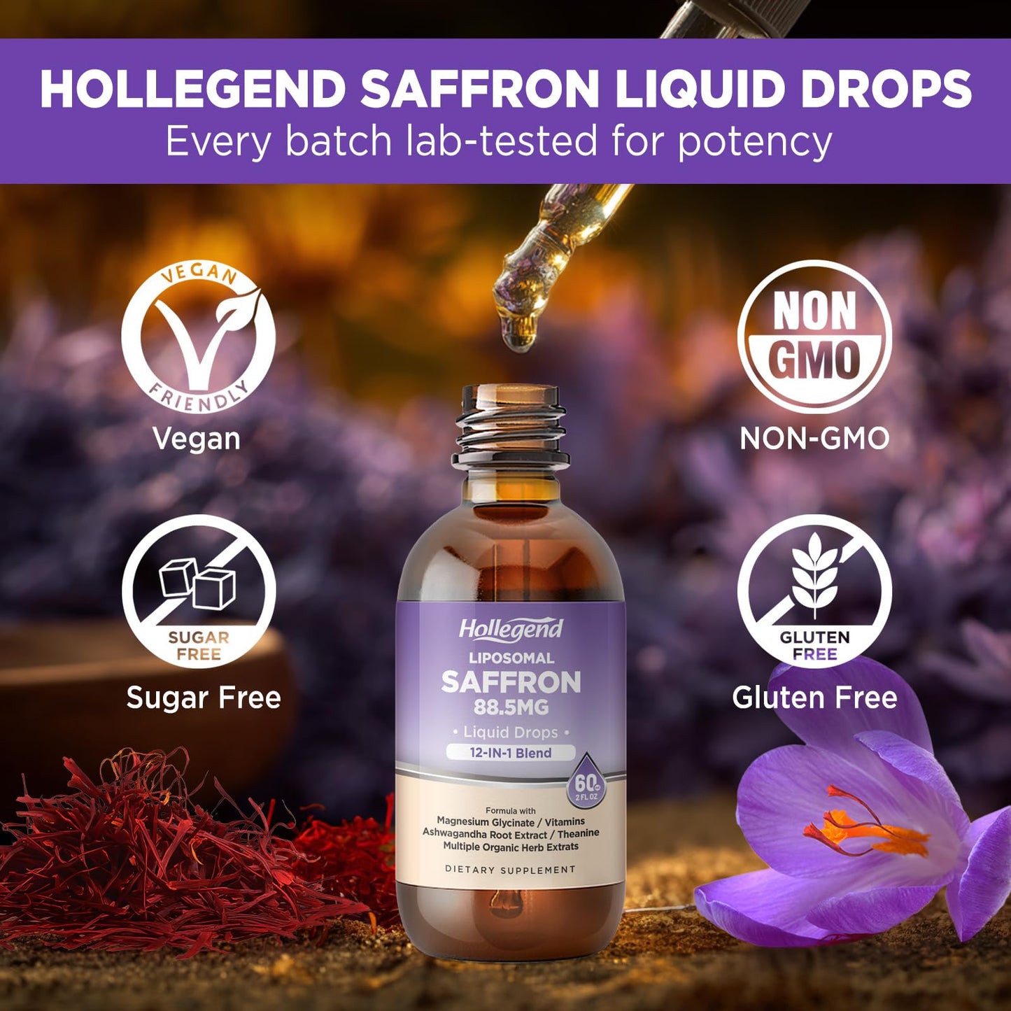 HOLLEGEND Liposomal Saffron Drops for Kids & Adults, Organic Saffron Supplement w/Magnesium, L-Theanine and Vitamins for Stress, Focus, Vision and Energy Support, Vegan, Natural Lemon Flavor, 2 FL OZ - dailyvitalstore