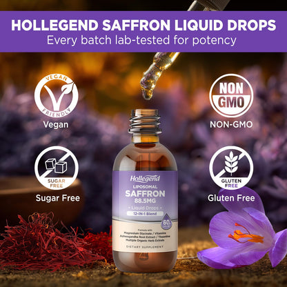 HOLLEGEND Liposomal Saffron Drops for Kids & Adults, Organic Saffron Supplement w/Magnesium, L-Theanine and Vitamins for Stress, Focus, Vision and Energy Support, Vegan, Natural Lemon Flavor, 2 FL OZ - dailyvitalstore