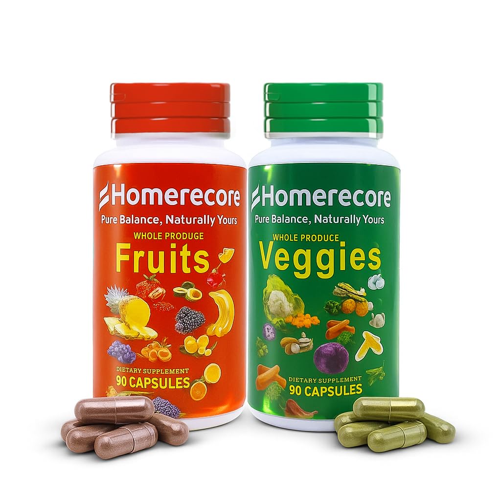 HOMERECORE Whole Food Fruits & Veggies Supplement Plant-Based, Vegan, Gluten-Free, Soy-Free No Fillers Natural Superfoods Boost Energy & Immune System for Men & Women 90 Fruit & 90 Veggie Capsules - dailyvitalstore
