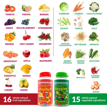 HOMERECORE Whole Food Fruits & Veggies Supplement Plant-Based, Vegan, Gluten-Free, Soy-Free No Fillers Natural Superfoods Boost Energy & Immune System for Men & Women 90 Fruit & 90 Veggie Capsules - dailyvitalstore