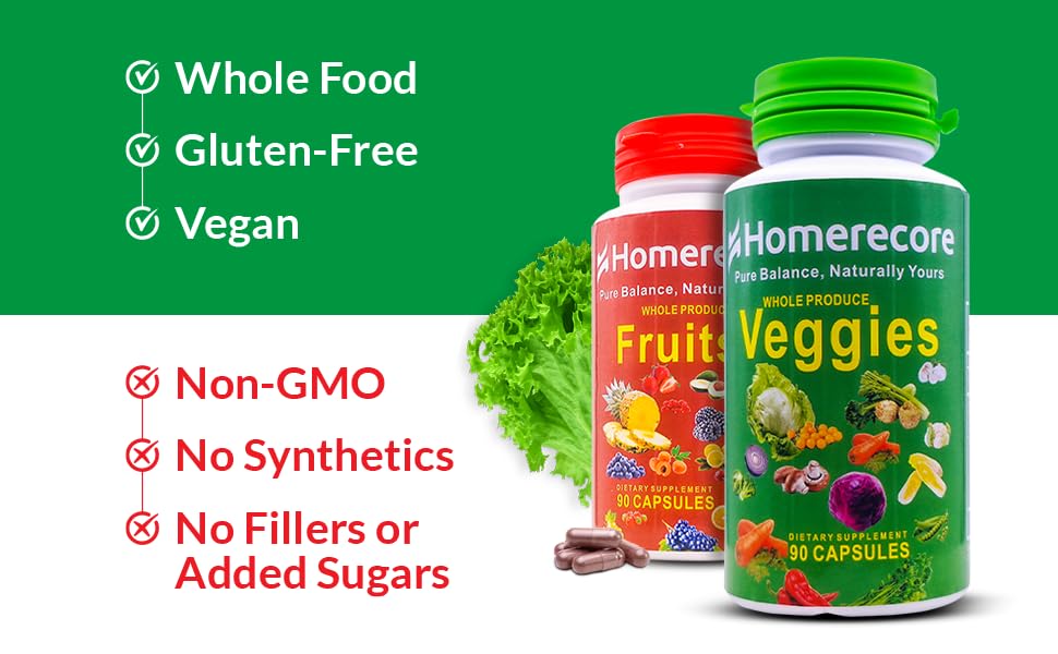 HOMERECORE Whole Food Fruits & Veggies Supplement Plant-Based, Vegan, Gluten-Free, Soy-Free No Fillers Natural Superfoods Boost Energy & Immune System for Men & Women 90 Fruit & 90 Veggie Capsules - dailyvitalstore