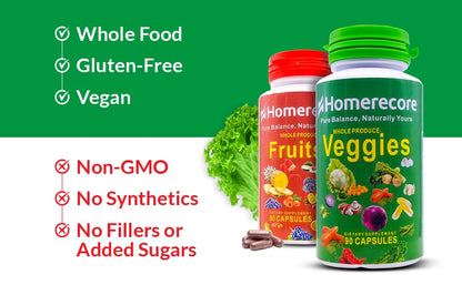 HOMERECORE Whole Food Fruits & Veggies Supplement Plant-Based, Vegan, Gluten-Free, Soy-Free No Fillers Natural Superfoods Boost Energy & Immune System for Men & Women 90 Fruit & 90 Veggie Capsules - dailyvitalstore