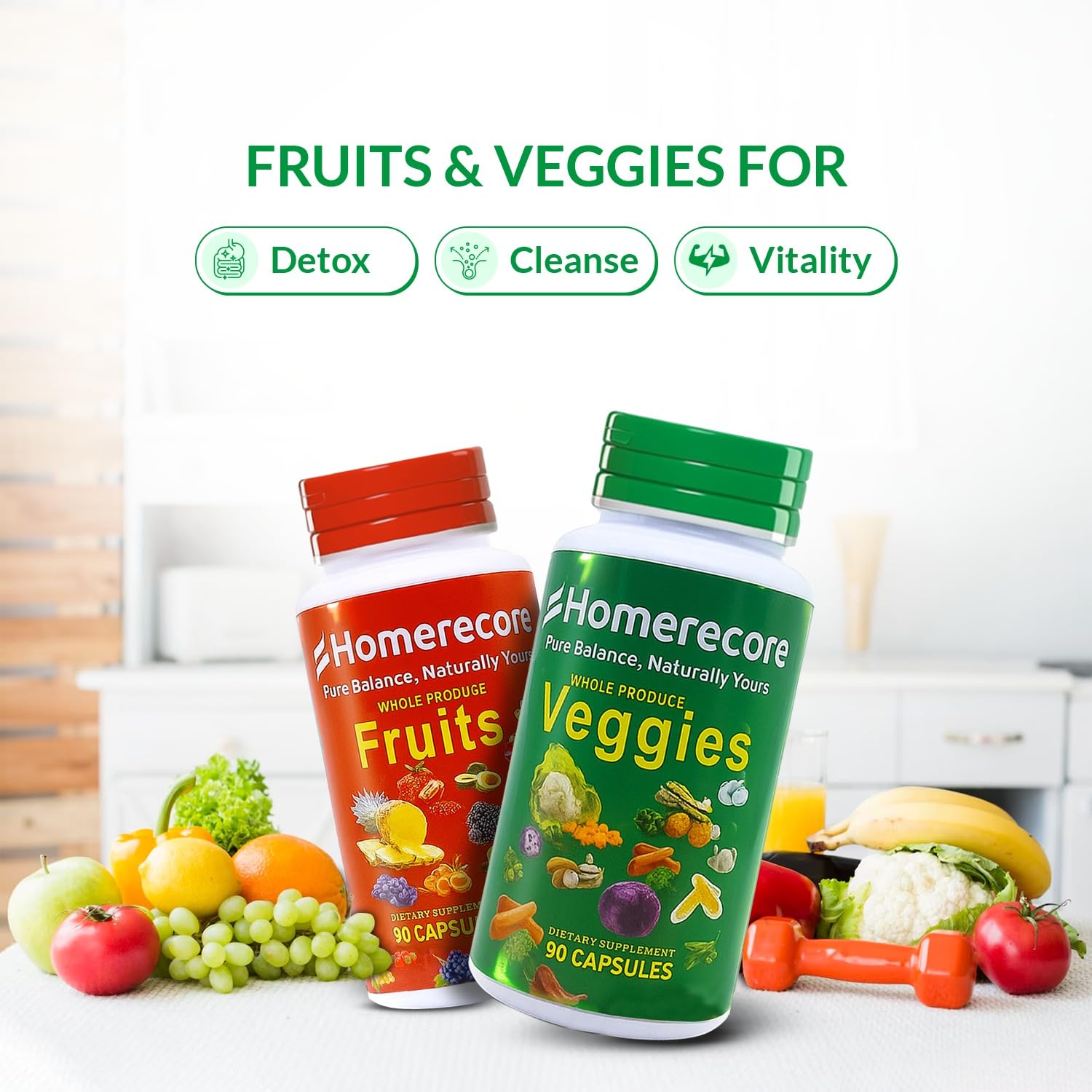 HOMERECORE Whole Food Fruits & Veggies Supplement Plant-Based, Vegan, Gluten-Free, Soy-Free No Fillers Natural Superfoods Boost Energy & Immune System for Men & Women 90 Fruit & 90 Veggie Capsules - dailyvitalstore
