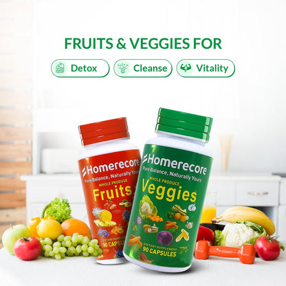 HOMERECORE Whole Food Fruits & Veggies Supplement Plant-Based, Vegan, Gluten-Free, Soy-Free No Fillers Natural Superfoods Boost Energy & Immune System for Men & Women 90 Fruit & 90 Veggie Capsules - dailyvitalstore