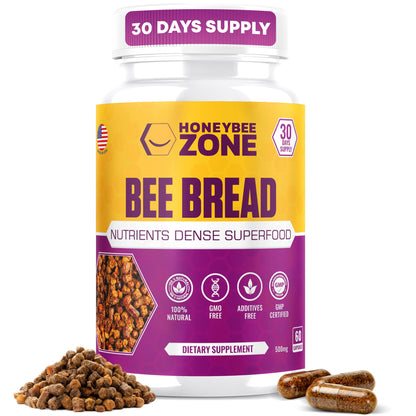HONEYBEEZONE-Bee Bread Capsules – Nutrient-Rich Superfood for Energy Boost, Immune Support Supplement | Non-GMO, Gluten-Free, 60 Easy-to-Swallow Veggie Capsules - dailyvitalstore