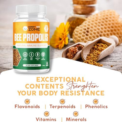 HONEYBEEZONE-Bee Propolis Capsules – 100% Natural Energy and Immune Support Supplement | Non-GMO, Gluten-Free, 60 Easy-to-Swallow Veggie Capsules - dailyvitalstore