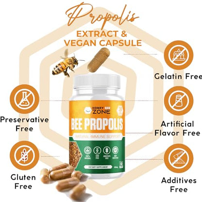 HONEYBEEZONE-Bee Propolis Capsules – 100% Natural Energy and Immune Support Supplement | Non-GMO, Gluten-Free, 60 Easy-to-Swallow Veggie Capsules - dailyvitalstore