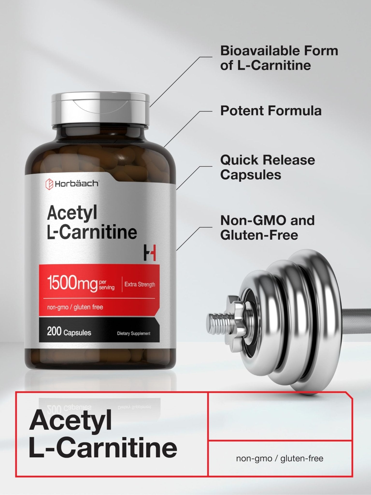 Horbäach Acetyl L-Carnitine 1500mg | 200 Capsules | Extra Strength Supplement | Non-GMO & Gluten Free - dailyvitalstore
