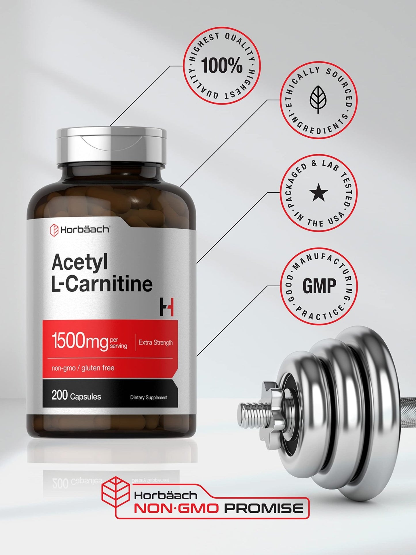 Horbäach Acetyl L-Carnitine 1500mg | 200 Capsules | Extra Strength Supplement | Non-GMO & Gluten Free - dailyvitalstore