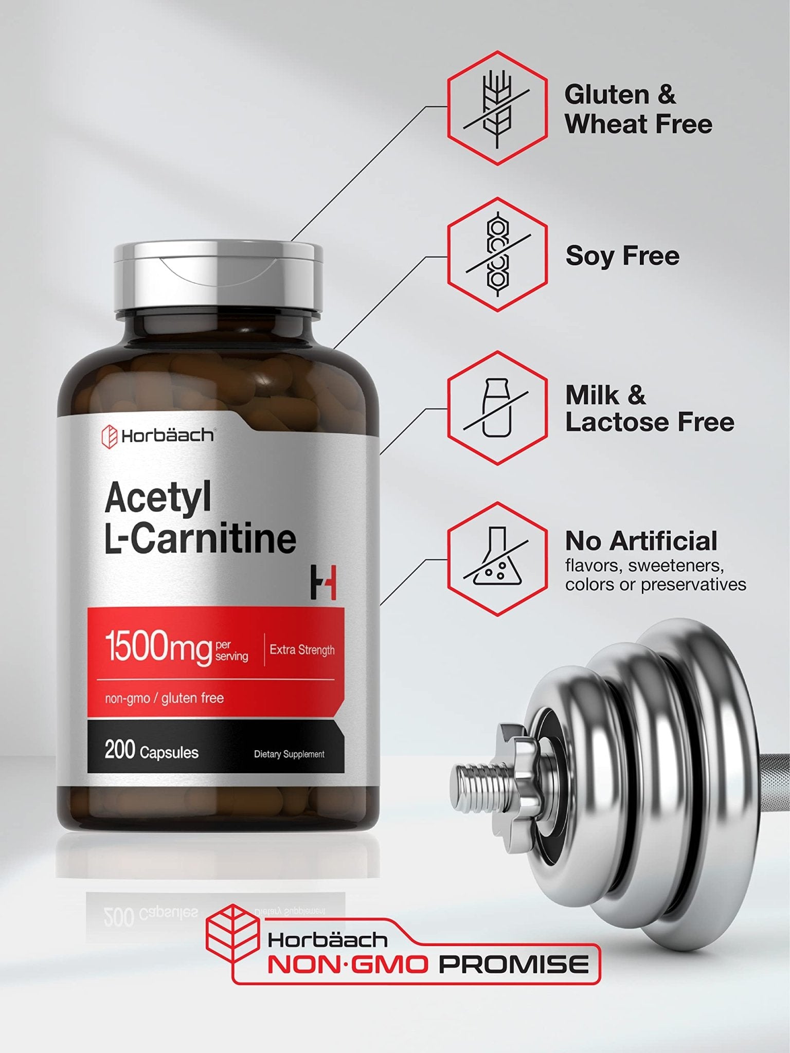 Horbäach Acetyl L-Carnitine 1500mg | 200 Capsules | Extra Strength Supplement | Non-GMO & Gluten Free - dailyvitalstore