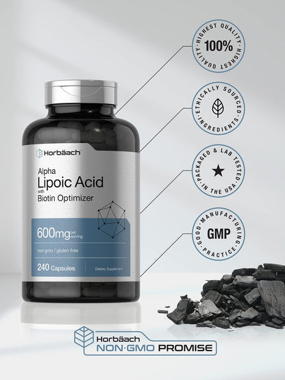 Horbäach Alpha Lipoic Acid 600mg | 240 Capsules | with Biotin Optimizer | Non-GMO and Gluten Free Supplement - dailyvitalstore