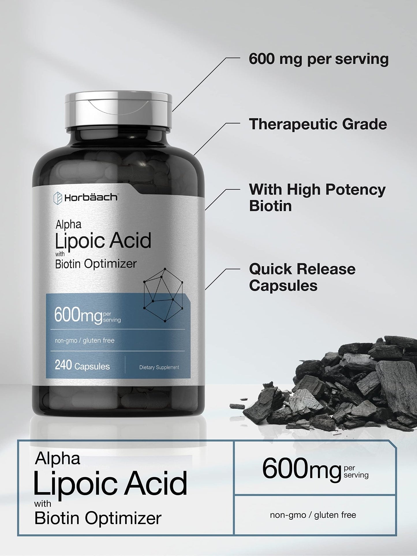 Horbäach Alpha Lipoic Acid 600mg | 240 Capsules | with Biotin Optimizer | Non-GMO and Gluten Free Supplement - dailyvitalstore