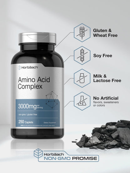 Horbäach Amino Acid Complex 3000mg | 250 Caplets | Non-GMO, Gluten Free Supplement - dailyvitalstore