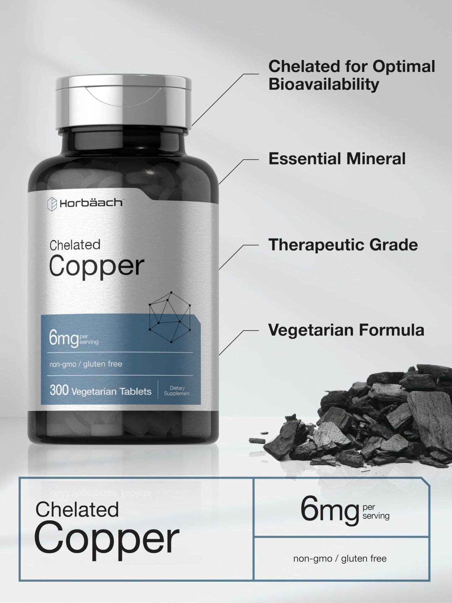 Horbäach Chelated Copper Supplement 6mg | 300 Tablets | Essential Trace Mineral | Vegetarian, Non-GMO, Gluten Free - dailyvitalstore
