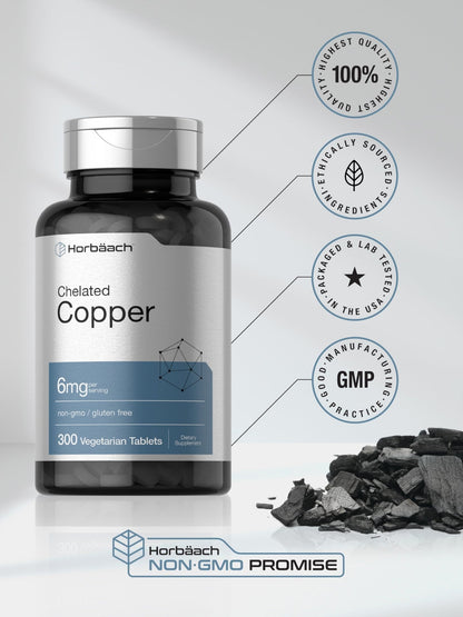 Horbäach Chelated Copper Supplement 6mg | 300 Tablets | Essential Trace Mineral | Vegetarian, Non-GMO, Gluten Free - dailyvitalstore