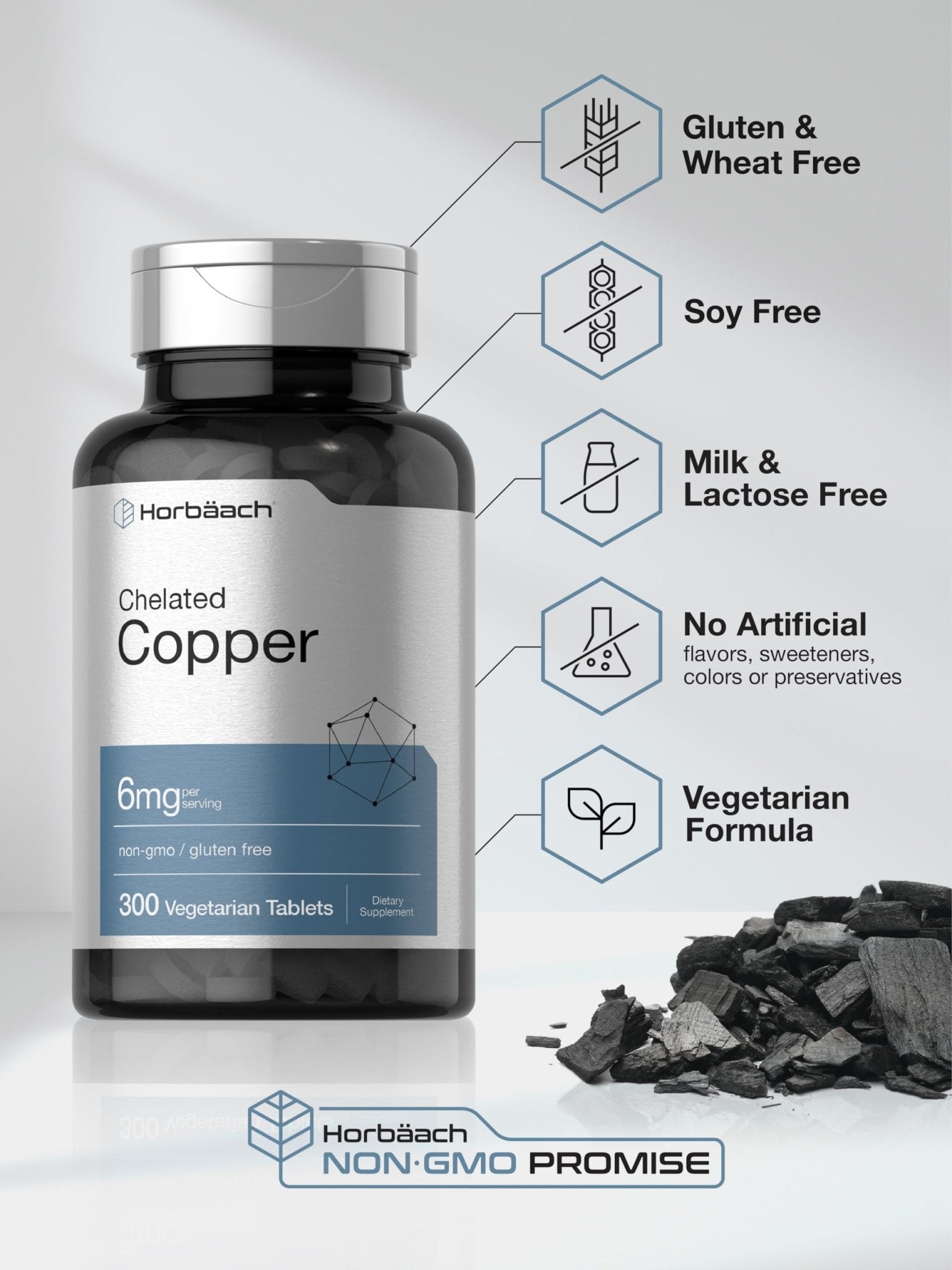 Horbäach Chelated Copper Supplement 6mg | 300 Tablets | Essential Trace Mineral | Vegetarian, Non-GMO, Gluten Free - dailyvitalstore