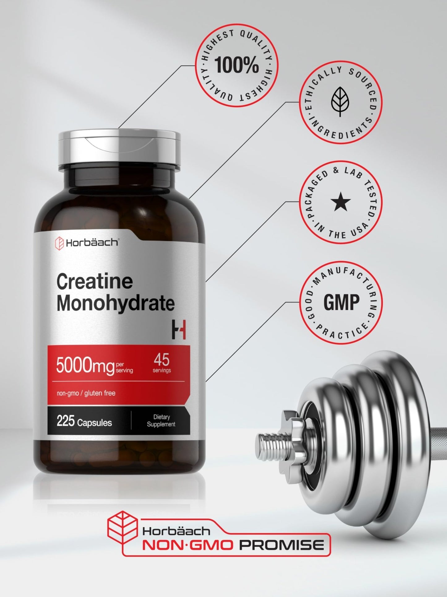 Horbäach Creatine Monohydrate | 5g | 225 Capsules | Non-GMO, Gluten Free Supplement - dailyvitalstore