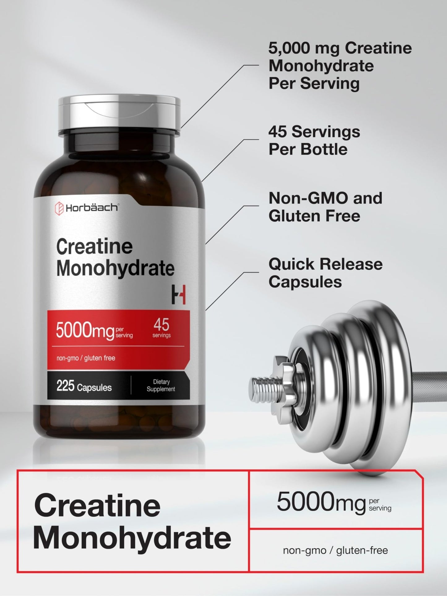 Horbäach Creatine Monohydrate | 5g | 225 Capsules | Non-GMO, Gluten Free Supplement - dailyvitalstore