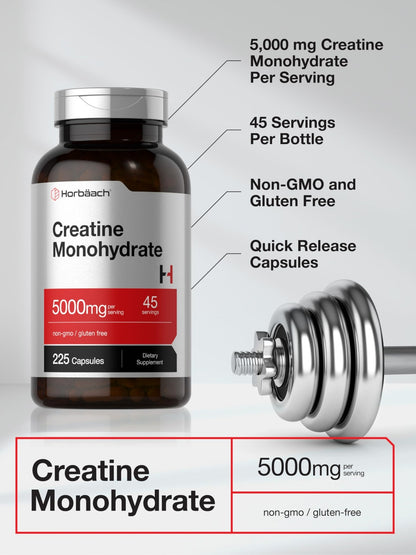 Horbäach Creatine Monohydrate | 5g | 225 Capsules | Non-GMO, Gluten Free Supplement - dailyvitalstore