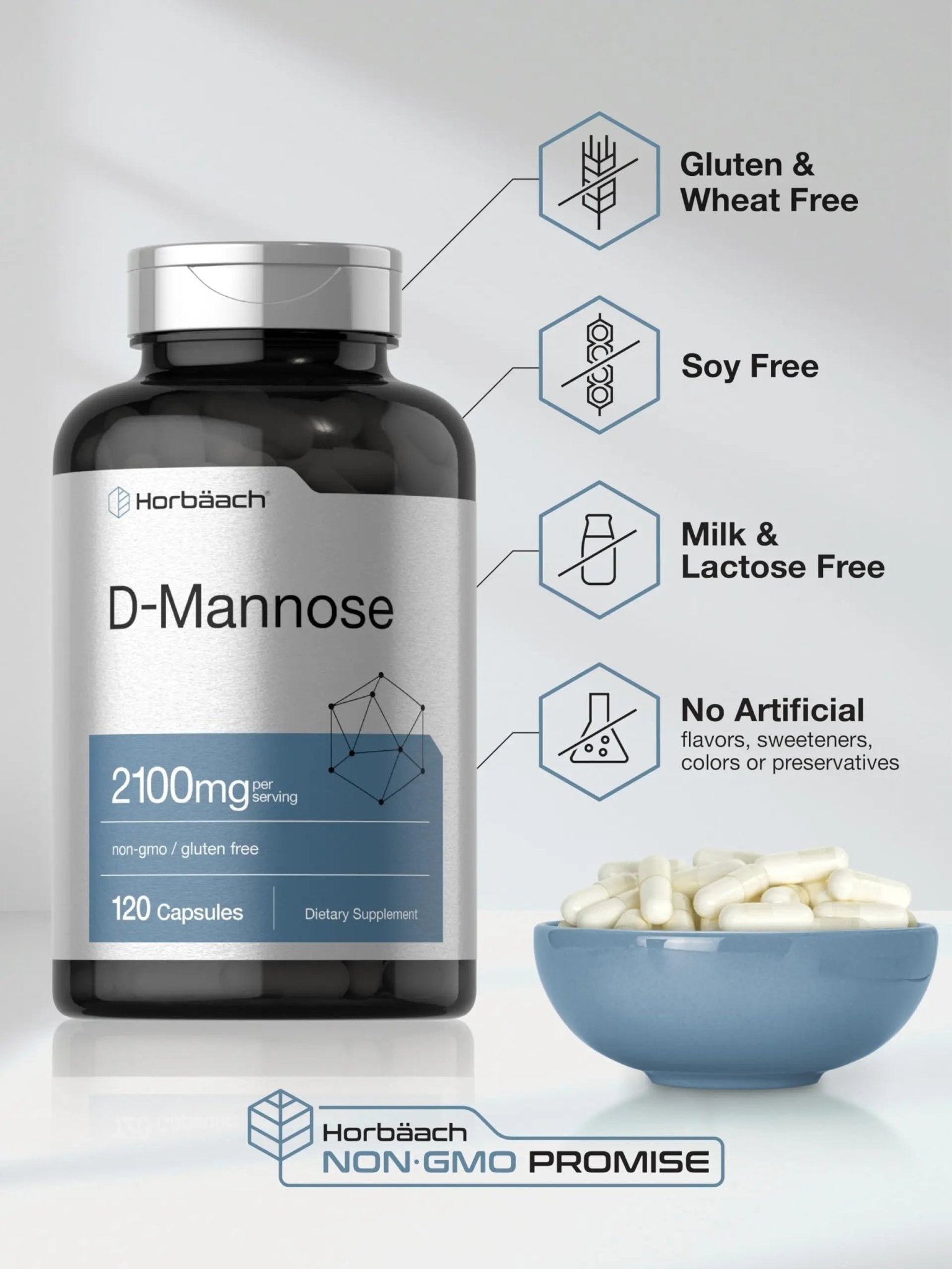 Horbäach D-Mannose Supplement 2100mg | 120 Capsules | Pills for Women and Men | Non-GMO & Gluten Free - dailyvitalstore