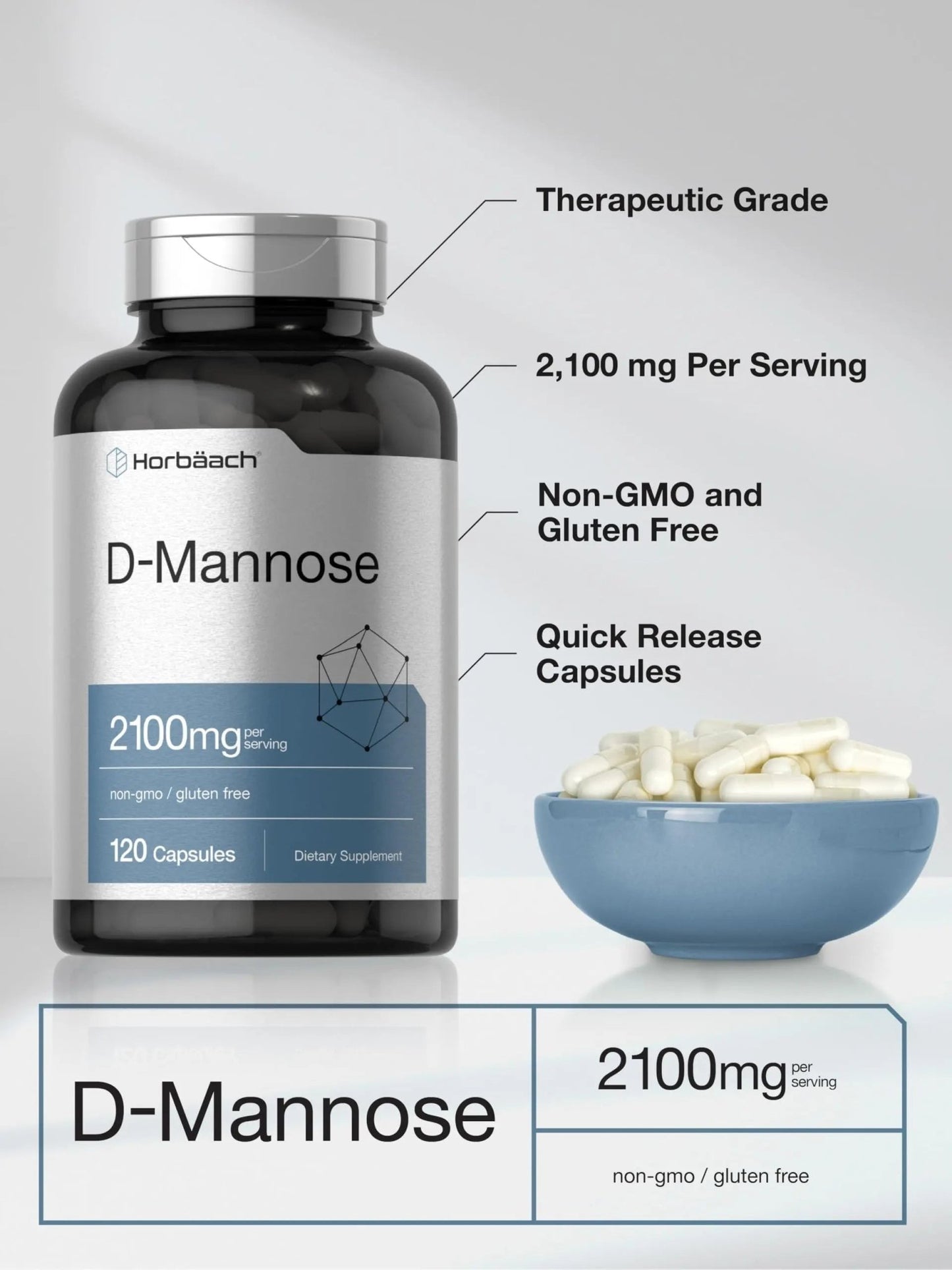 Horbäach D-Mannose Supplement 2100mg | 120 Capsules | Pills for Women and Men | Non-GMO & Gluten Free - dailyvitalstore