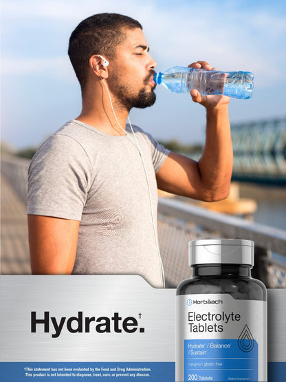 Horbäach Electrolyte Tablets | 200 Count | Helps Hydrate, Balance, & Sustain | with Calcium, Magnesium, Chloride, Sodium and Potassium | Vegetarian, Non-GMO & Gluten Free - dailyvitalstore