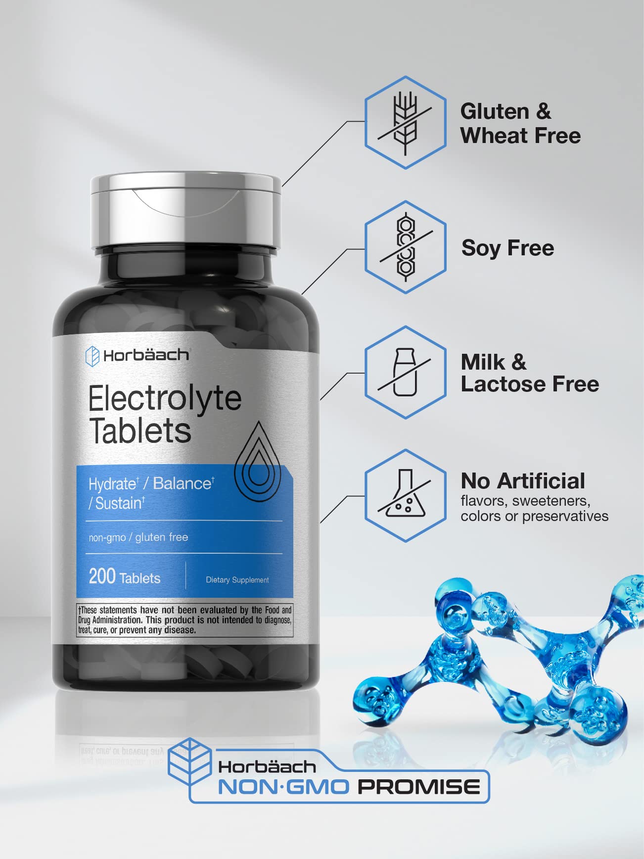 Horbäach Electrolyte Tablets | 200 Count | Helps Hydrate, Balance, & Sustain | with Calcium, Magnesium, Chloride, Sodium and Potassium | Vegetarian, Non-GMO & Gluten Free - dailyvitalstore