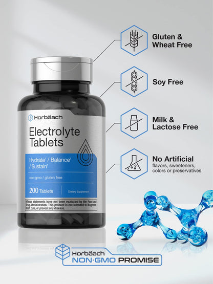 Horbäach Electrolyte Tablets | 200 Count | Helps Hydrate, Balance, & Sustain | with Calcium, Magnesium, Chloride, Sodium and Potassium | Vegetarian, Non-GMO & Gluten Free - dailyvitalstore