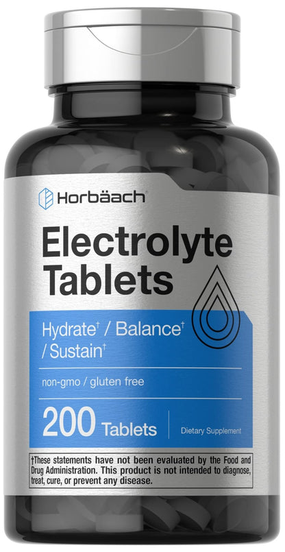 Horbäach Electrolyte Tablets | 200 Count | Helps Hydrate, Balance, & Sustain | with Calcium, Magnesium, Chloride, Sodium and Potassium | Vegetarian, Non-GMO & Gluten Free - dailyvitalstore