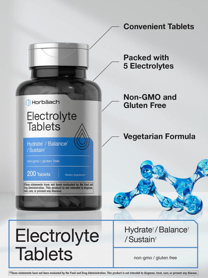 Horbäach Electrolyte Tablets | 200 Count | Helps Hydrate, Balance, & Sustain | with Calcium, Magnesium, Chloride, Sodium and Potassium | Vegetarian, Non-GMO & Gluten Free - dailyvitalstore