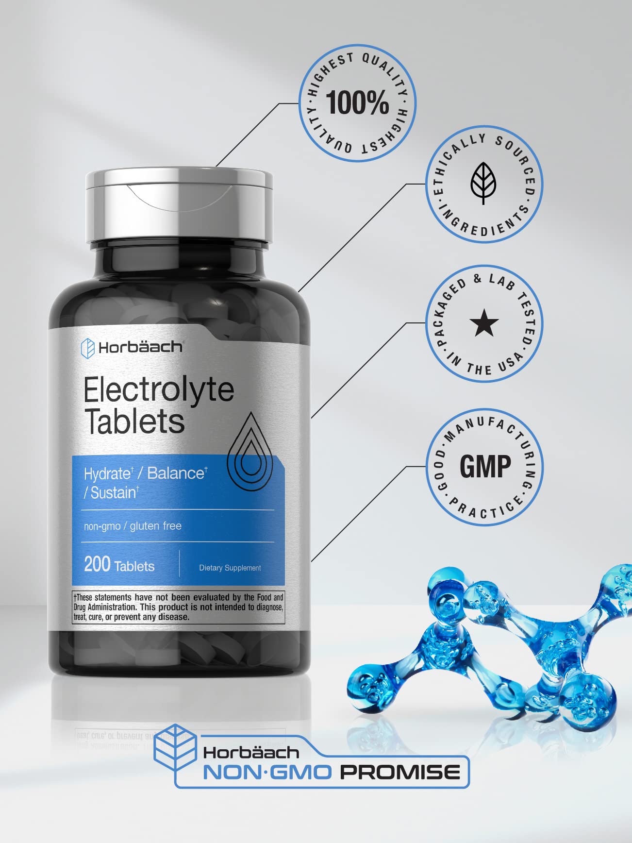 Horbäach Electrolyte Tablets | 200 Count | Helps Hydrate, Balance, & Sustain | with Calcium, Magnesium, Chloride, Sodium and Potassium | Vegetarian, Non-GMO & Gluten Free - dailyvitalstore