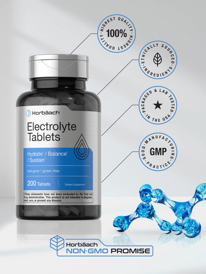 Horbäach Electrolyte Tablets | 200 Count | Helps Hydrate, Balance, & Sustain | with Calcium, Magnesium, Chloride, Sodium and Potassium | Vegetarian, Non-GMO & Gluten Free - dailyvitalstore